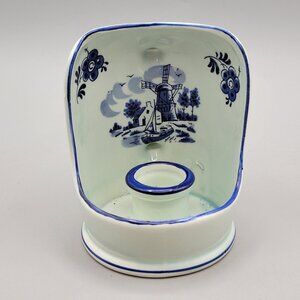 Vintage Blue & White Ceramic Dutch Chamber Candleholder With Windmill Scene